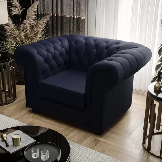 Manchester chesterfield stílusú fotel sötétkék bőr