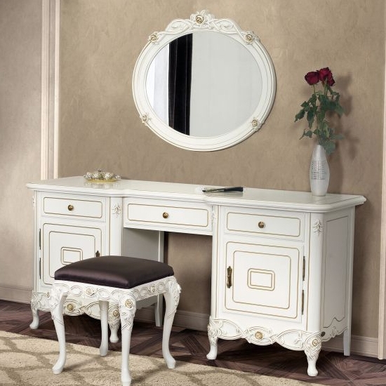 Flóra exkluzív fehér fésülködőasztal, tükör és puff